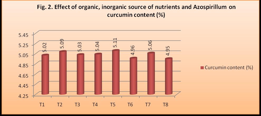 Curcumin content which increases the turmeric quality was higher in all the treatments where Azospirillum were applied which shows curcumin enhancement with the use of biofertilizer.
