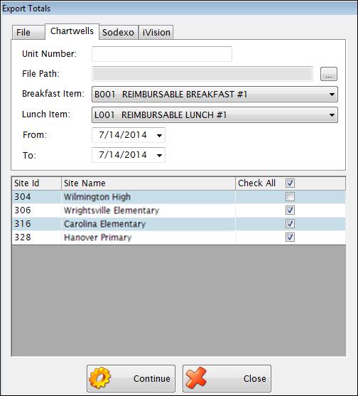 Meals Plus Accountability 56 5.2.2 Export to Chartwells This creates a POS data export file which can be used by Chartwells to electronically import data into their accounting program.