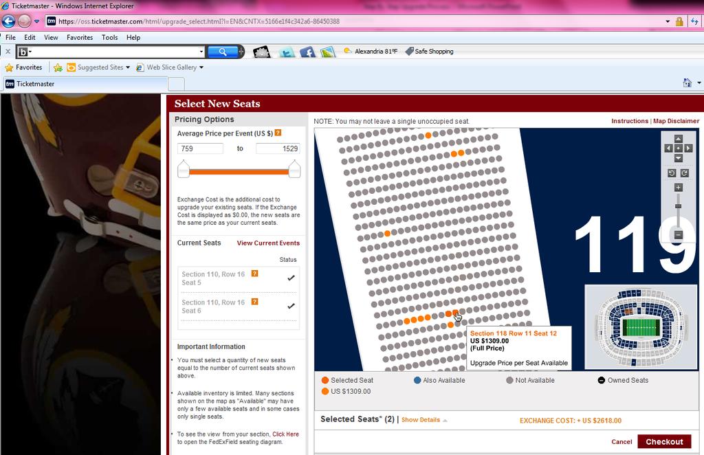 Step 6: Select your New Seat Locations To select a new seat location, click on an available seat (each price level will have a different color dot for available seats).