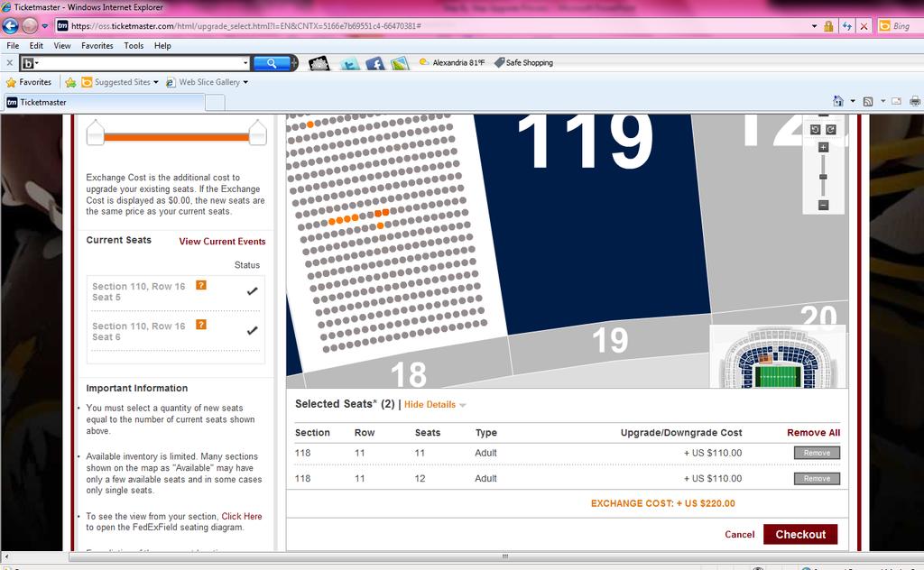Change Your Mind? Once you select your new seat location, you are still able to look at other seating options on the stadium map before clicking Checkout.