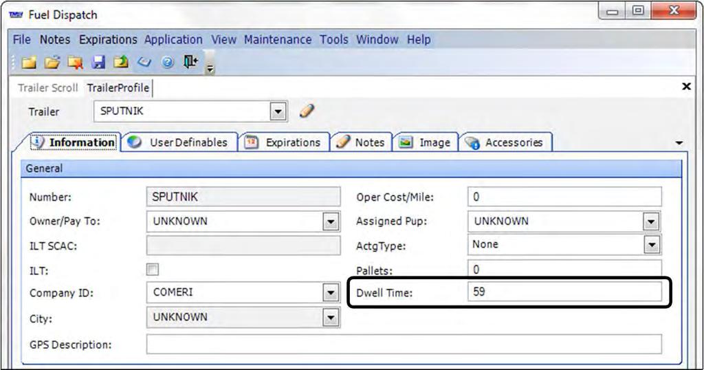 d. Select the Information tab and confirm the Dwell Time field displays the expected dwell time. 3. Click Save. 4. Repeat the procedure as needed for other trailers.