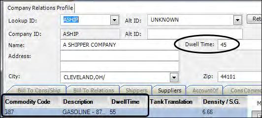 time. If there is dwell time recorded for the company/commodity, the system adds the dwell time minutes recorded for the commodity in the company's Company Relationship profile instead of using the