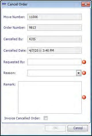 To cancel the order, follow these steps: 1. Look up the order in the Call On Demand Order Entry window. 2. Go to Dispatch > Cancel Order. The Cancel Order window opens.