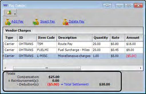 4. View pay details for a trip. The Pay Details window includes the Vendor Charges grid and Totals section. The Vendor Charges grid lists pay details for resources assigned to the trip.