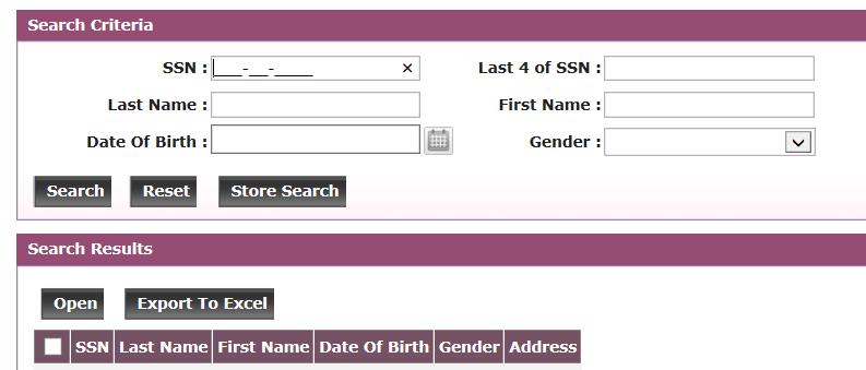 You can select an employee from the list produced in the search by clicking on the name hyperlink or checking the box next to the Social Security Number and pressing the Open button.