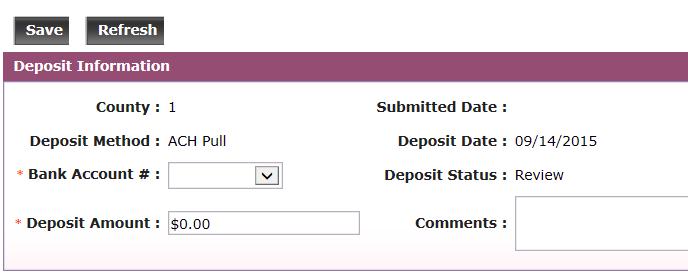 Next, select the appropriate bank account number from the drop-down menu and enter the deposit amount in the box provided. Click the Save button. Click the Add Row button in the Deposit Details panel.