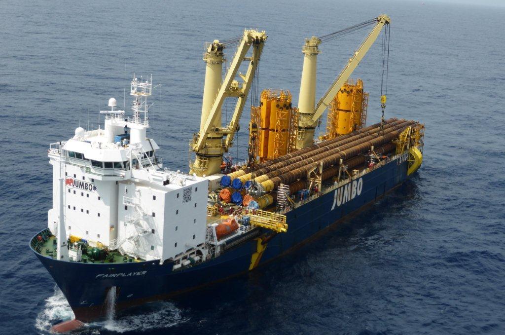 Fairplayer jack-up vessel mobilised for TLWP installation JUMBO PAPA TERRA TWD assisted Jumbo Offshore with transporting and handing over Tension Leg Wellhead Platform (TLWP) anchoring equipment