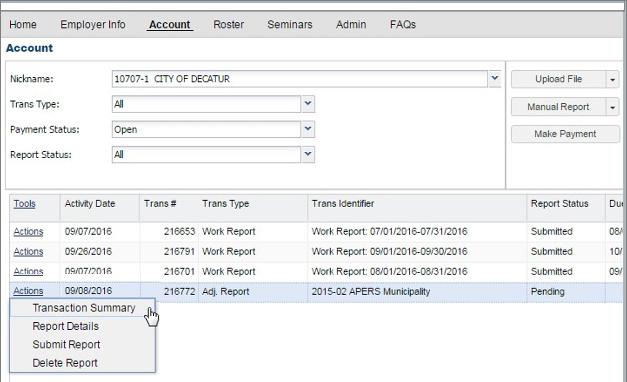 Your choices on the Actions menu will vary depending on if the report status is Submitted or Pending.