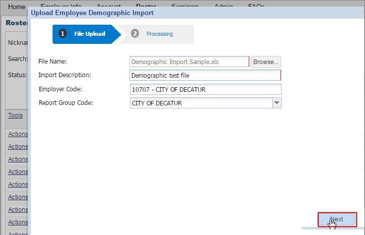From the Upload Demographic Report Import wizard, click on Browse to select the file you want to