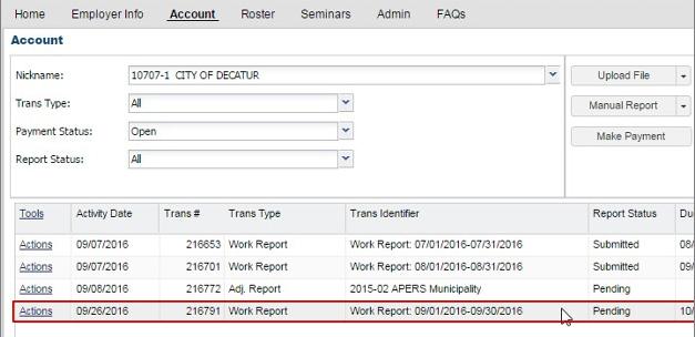 Click on the Account tab to see the new report in your list of transactions with a status of Pending.