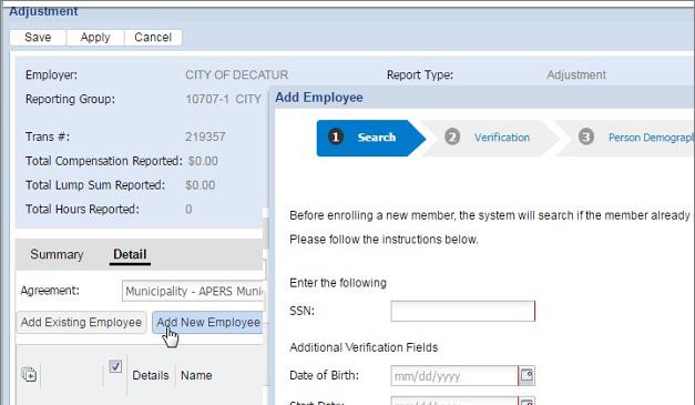 Payroll APERS Employer Self-Service Handbook Add New Employee From the Detail screen, you can add a new