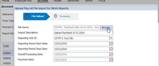 APERS Employer Self-Service Handbook Payroll The Reporting Unit ID, Reporting Period Start Date and Reporting Period Stop Date fields are auto-filled based on your last import.