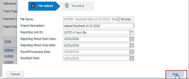 The Upload Payroll File Import for Work Reports pop-up screen updates to display a results section, which signifies the success or failure of the upload.