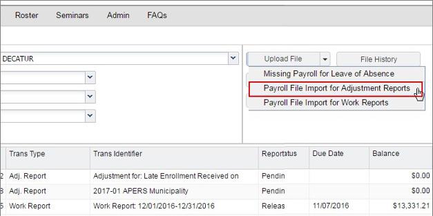 Payroll APERS Employer Self-Service Handbook Uploading a Payroll File Import for Adjustments Reports The purpose of this function in COMPASS