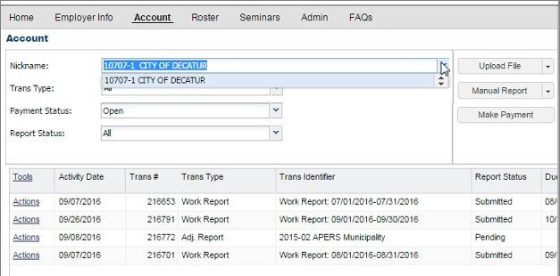 Payroll APERS Employer Self-Service Handbook Viewing Account Transactions The Account tab displays all transactions associated with a specific reporting group and will allow you to filter and review