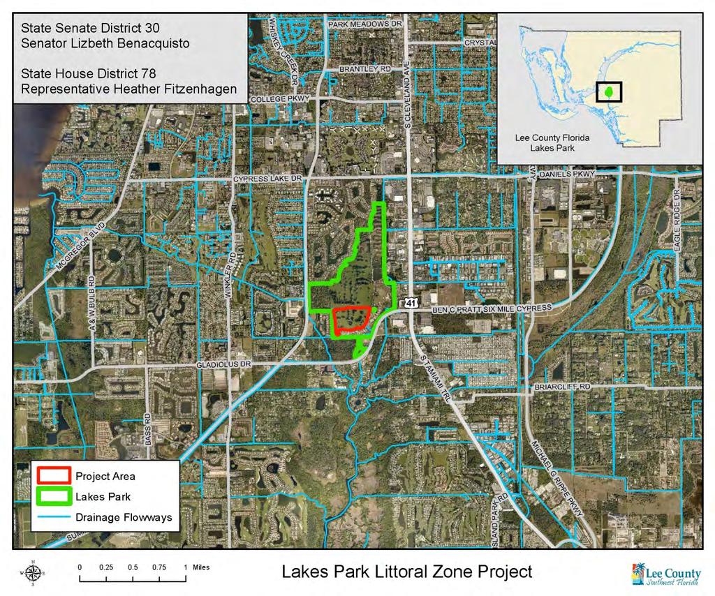 Lakes Park Littoral Zone Project Background Lakes Park is an existing 279 acre recreational area, with 158 acres of lakes, located north of Gladiolus Drive, east of Summerlin Road, in Lee County,