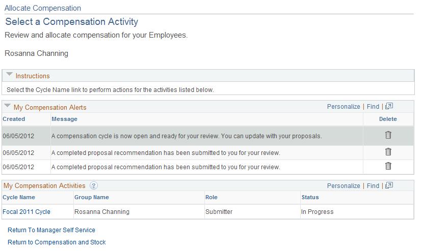 Allocating Compensation Information Chapter 7 Navigation Manager Self Service, Compensation and Stock, Allocate Compensation, Allocate Compensation Select a Compensation Activity Image: Allocate
