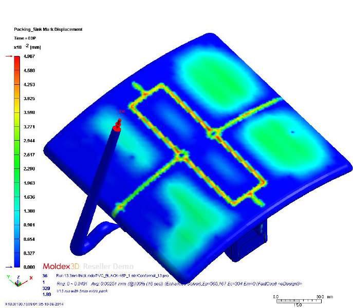 Sink Mark Prediction after RICH 3mm wall thickness with 25 second packing time This plot shows the sink for the 3mm wall thickness with the original 15 sec packing.