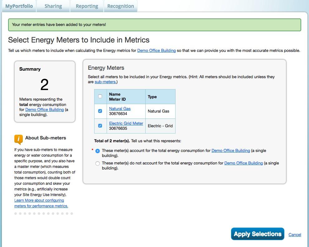 Selecting Energy Meters for Performance Metrics Using the checkboxes, indicate which meters should count toward your total site energy consumption.