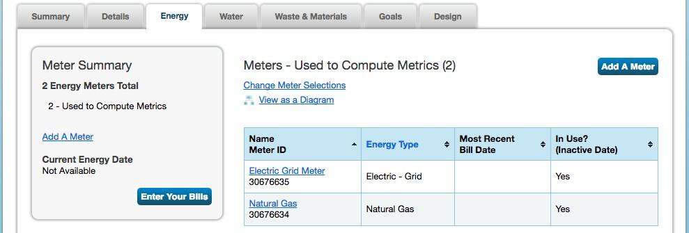 To adjust which meters which are being counted toward your site metrics in the future, from the Energy tab, click on Change Meter Selections.