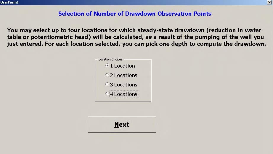 Once the well depth and pumping rate are properly selected, a window will appear that allows the user to choose the number of observation points locations where you want the model to compute drawdown.