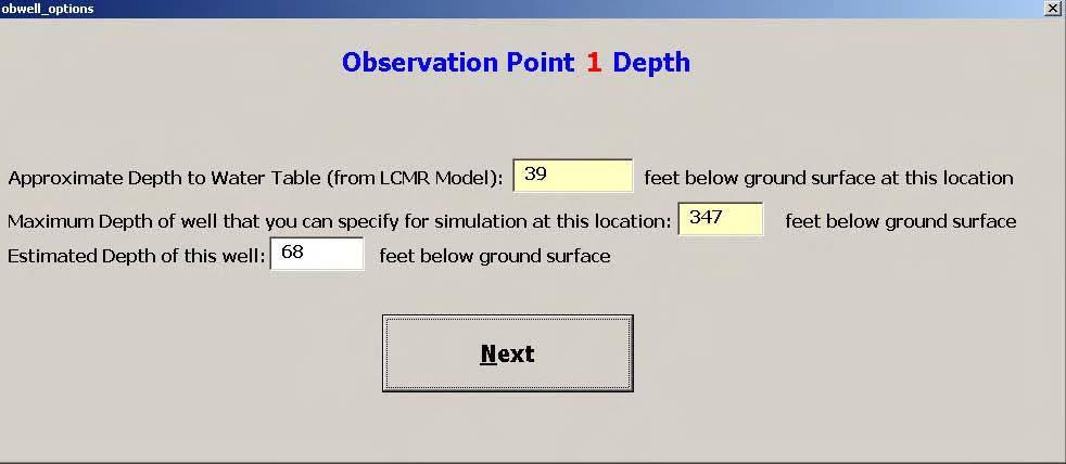 Pressing the Next button will cause a window to appear that allows the user to enter the location of the first observation point in terms of Township, Range, Section, and