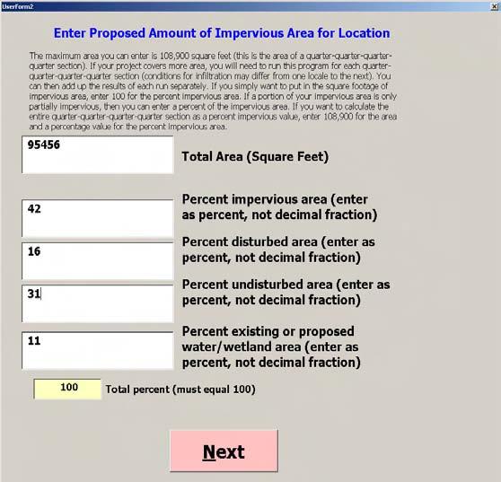 Once you have successfully entered the location of interest and pressed the Next button, a window will appear that allows you to enter information on area and percent imperviousness (existing or