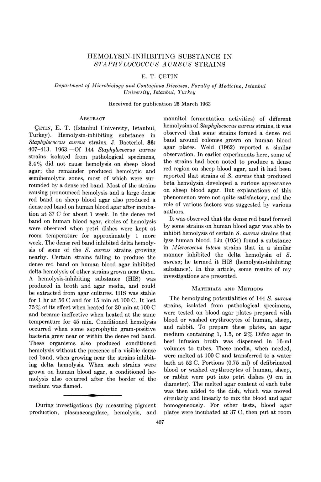 HEMOLYSIN-INHIBITING SUBSTANCE IN STAPHYLOCOCCUS AUREUS STRAINS E. T.