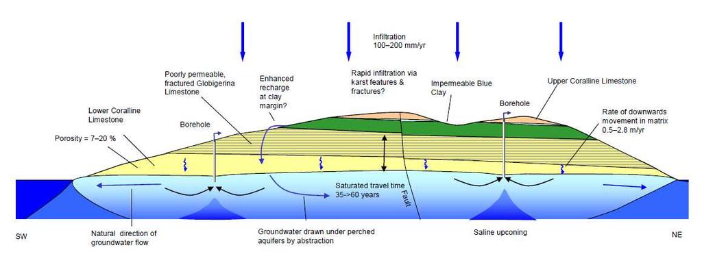 - there are a number of possible mechanisms for recharge to the part of the aquifer capped by the Blue Clay.
