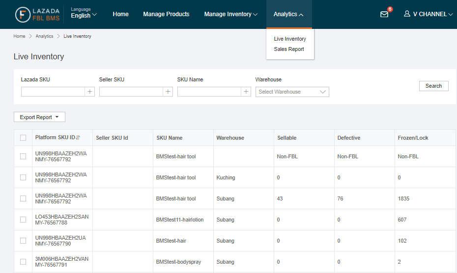 BMS Features Overview ANALYTICS Analytics consists of Live Inventory Live Inventory -- shows each SKUs