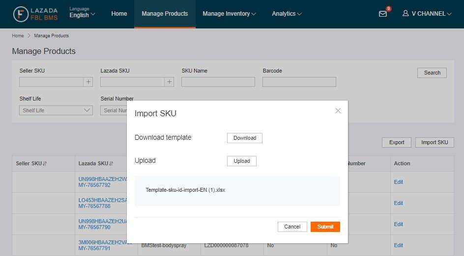Manage Products 2) Select Download to download the template and input Lazada SKU in the template.