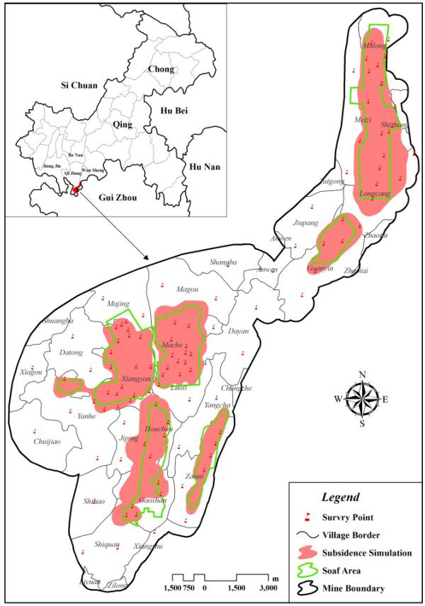 J. Lu et al.: The spatiotempora variations rules of Songzao coal mining subsidence 405 Figure 1. Location and overlay analysis map. Table 1. The statistics of overlay analysis.