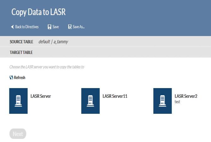 SAS Data Loader for Hadoop Copy Data to distributed sas lasr server Select Source Table Copy Data To distributed SAS