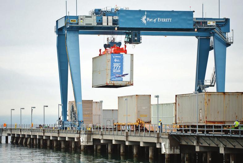 The Port of Everett is an essential element of this supply chain, as its seaport transports 100 percent of the oversized aerospace parts for the 747, 767 and 777 airplanes, and serves as a backup for