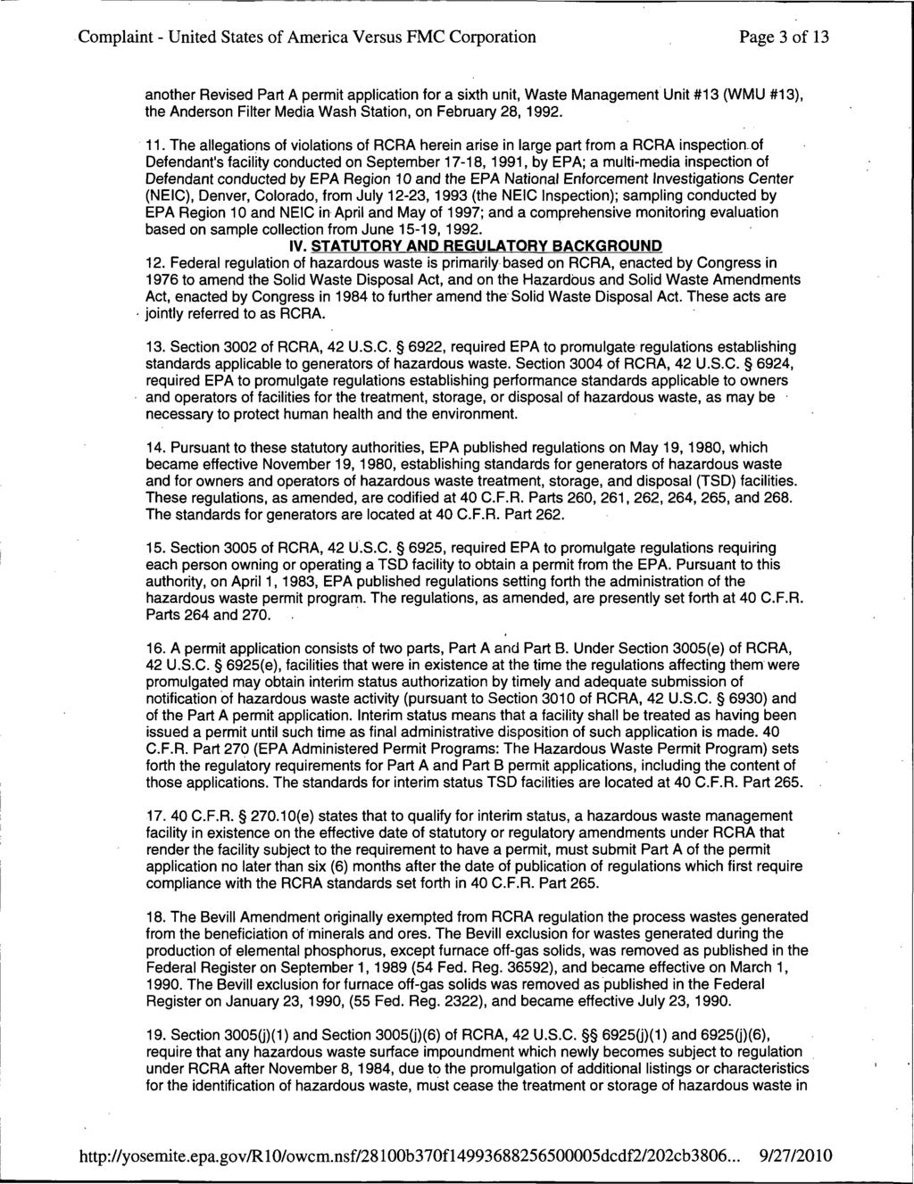 Complaint - United States of America Versus FMC Corporation Page 3 of 13 another Revised Part A permit application for a sixth unit.