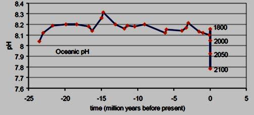 Ocean Acidification: Historical Perspective For the last 20 Million years the ph of the ocean has remained relatively stable between approximately 8.1 and 8.