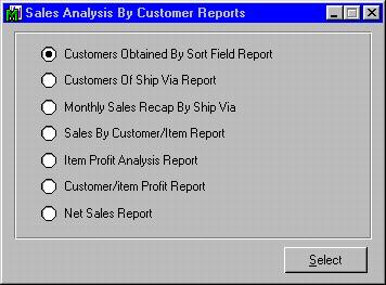 SORT FIELD SHIP VIA SALESPERSON WEIGHT CUSTOMER You also have the option to use the A/R Sort Field as the selection criteria for the Sales by Customer/Item Report.