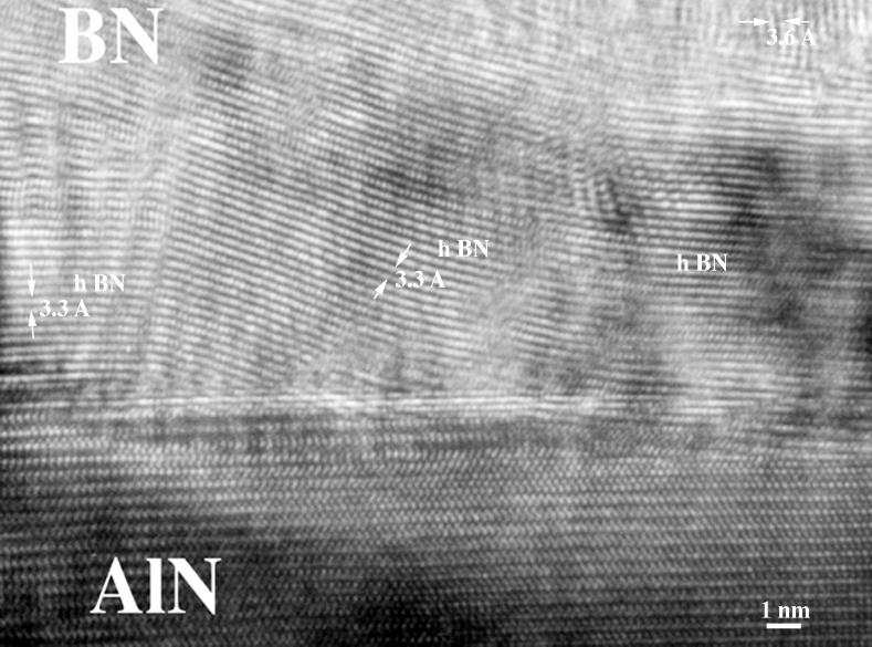 (a=2.5399å, c=6.6612å). The rest of the BN film to the top is identified from HRTEM as the turbostratic BN phase (t-bn).