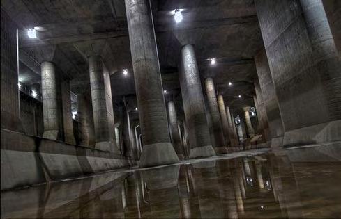 3 km of tunnels underground and connect five watercourses to the main river that overflows into five giant cylinders that create an underground river fifty metres below the city.