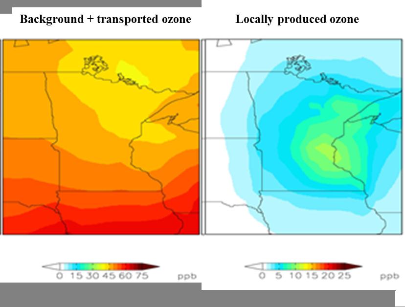 Figure 2. Model simulations of summer average MDA8h O 3 in 2011: Contribution of sources outside Minnesota state (left) vs.