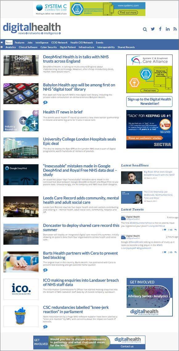 News Pages Advertising Opportunities First port of call for all readers The Digital Health news channel features breaking headlines and news stories from across the digital health