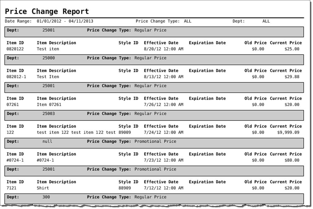 CHAPTER 6: Product-Oriented Reports Version 7.0 Table 6-3: Price Change Report s Style ID Effective date Expiration date Old price Current price The item description. The style identifier.