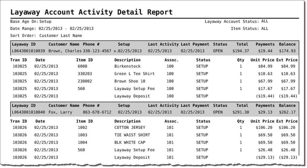 Report Sample: Layaway Account Activity