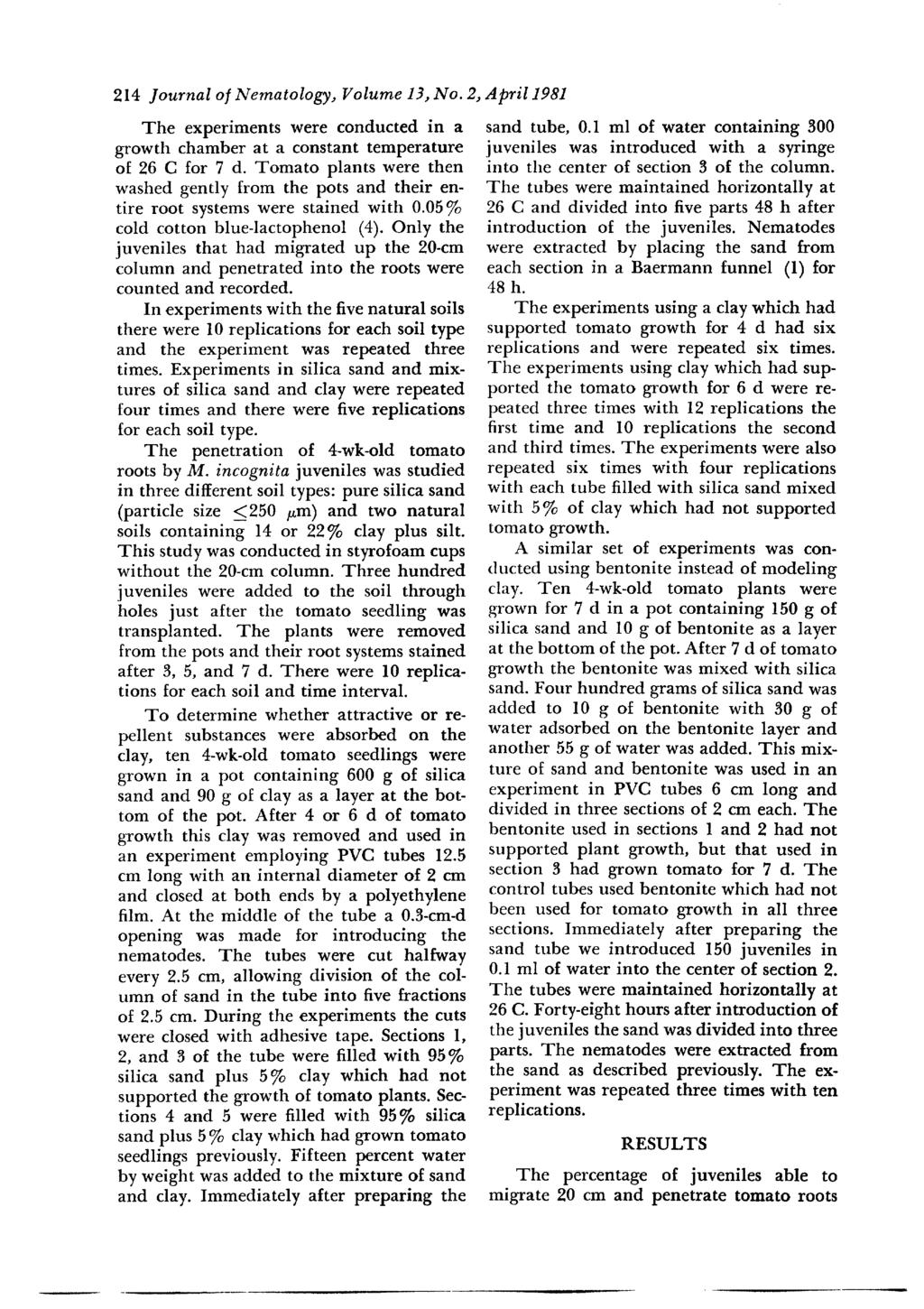 214 Journal of Nematology, Volume 13, No. 2, April 1981 The experiments were nducted in a growth chamber at a nstant temperature of 26 C for 7 d.