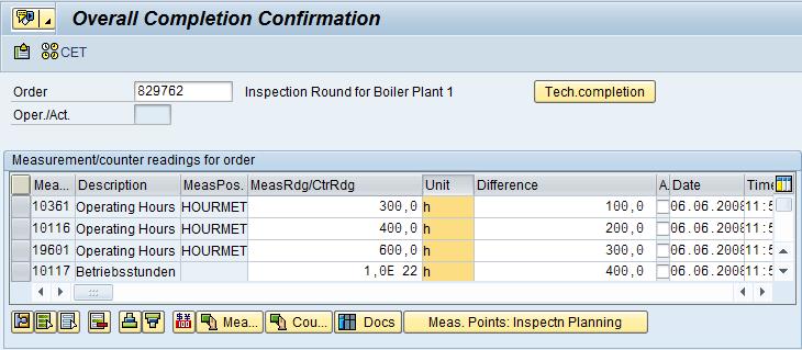 Record the Results of the Inspection: Overall Completion Confirmation With the confirmation of the inspection round work order measurement readings can be entered The entered measurement readings