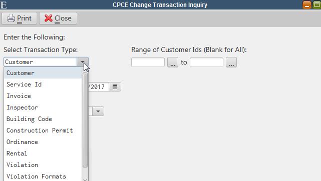 Change Transaction Inquiry Change Transaction Inquiry A CPCE Change Transaction Inquiry has been added to the Construction Permits/Code Enforcement menu.