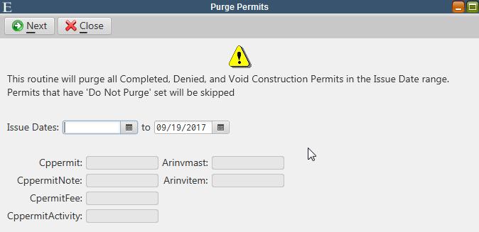Purge Permits Purge Permits A special utility program for purging old permits has been added to the MCSJ Special Routines program. The program will purge completed/closed permits based on issue date.