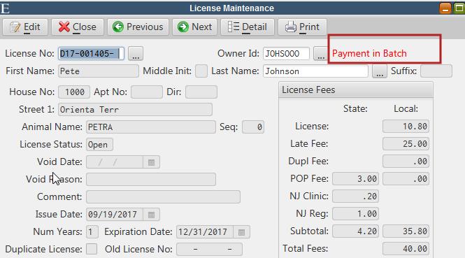 Animal Licensing Animal Licensing Payments Animal payments will now appear in the Payment Batch and may be deleted prior to the batch update.
