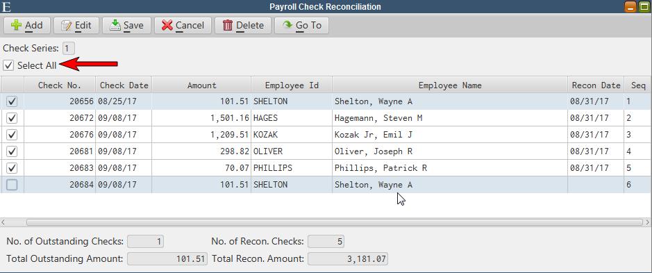 Clearing Checks Select a check number (check box) to clear it or deselect a check to leave it outstanding.