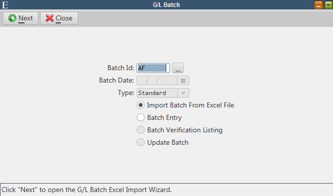 G/L Batch Excel Import G/L Batch Excel Import Journal entries can be imported into the G/L Batch from an Excel spreadsheet.